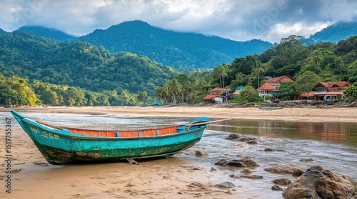 Brightly painted fishing boat resting on golden sand during low tide with hills in the background