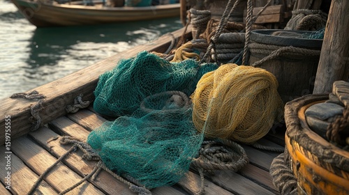 Close-up of fishing boat deck with ropes, nets, and tackle neatly arranged on wooden planks