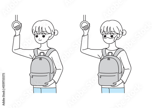 電車に乗る女性のイラストセット