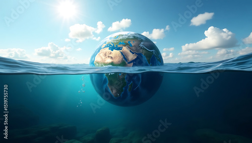 Concept art showing planet earth immersed in the sea, representing world hydrography day and the importance of oceanic research