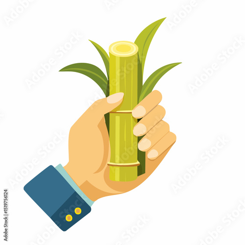 Hand Holding Sugarcane: A close-up of a hand holding a fresh, vibrant sugarcane stalk with leaves, highlighting the essence of natural sweetness and the simple beauty of nature's bounty.