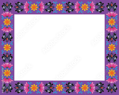 Colorful rickshaw art inspired floral frame with bold folk motifs and a vibrant purple background. Traditional Bengali design perfect for ethnic posters, invitations, and festive graphics. Rickshaw 