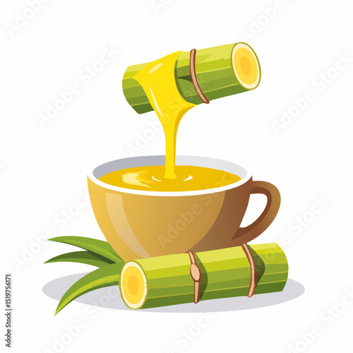 Sugarcane Juice in a Cup: Sweet sugarcane juice pouring from stalks into a warm cup, highlighting the natural sweetness and freshness. 