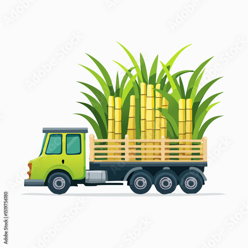 Sugar cane transport: A vibrant illustration of a truck brimming with freshly harvested sugar cane, symbolizing agricultural transport and the sweet bounty of nature's harvest.
