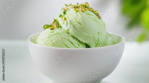 A bowl of pistachio ice cream with a sprinkle of crushed pistachios, set against a soft white backdrop with minimal distractions. 
