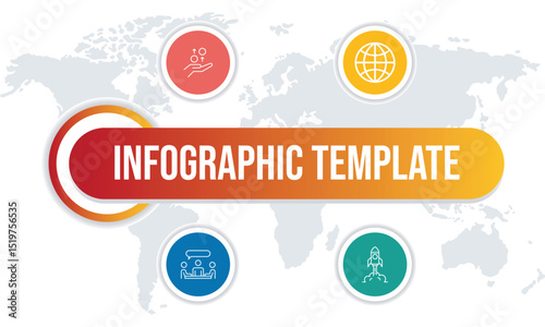 Global infographic template with icons for collaboration, communication, and growth, Modern infographic template featuring a world map background, 