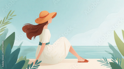 Woman in white dress and hat sitting by sea, relaxing on sunny summer day, surrounded by green leaves, minimal vector style