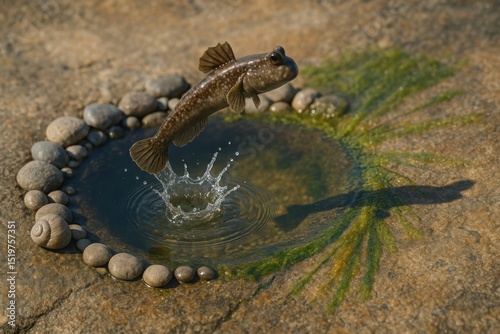 Rock mudskipper leap with splash ring above shallow algae-lined pool and smooth pebble border on dry surface

 photo