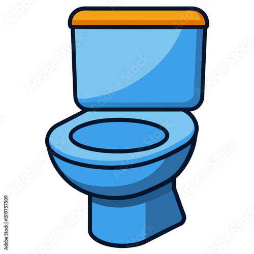 Cartoon illustration of a blue toilet with orange lid