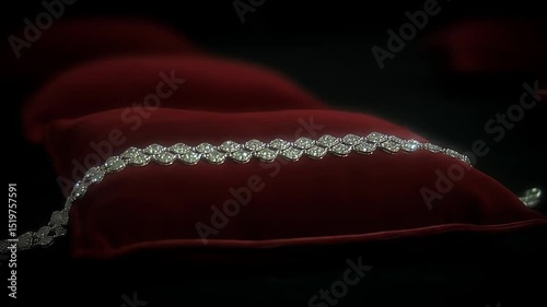 Elegant silver bracelet displayed on red velvet cushion in darkness  