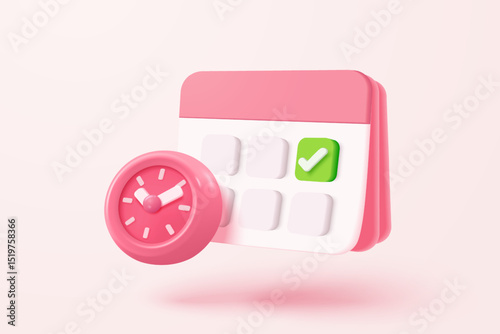 3d calendar marked date and time for reminder day in background. Calendar with clock for schedule appointment, event day, holiday planning concept. 3d alarm clock icon vector render illustration