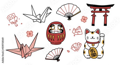 Japanese Culture Icons Crane Daruma Torii Maneki Neko Vector