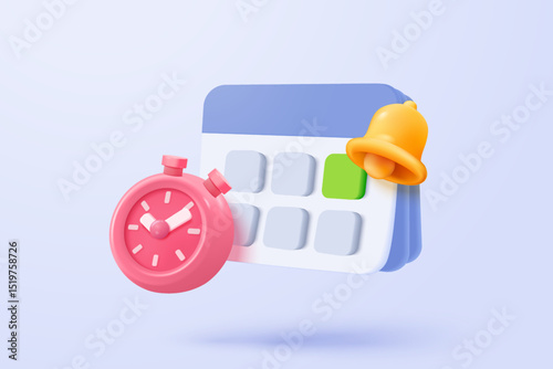 3d calendar marked date and time for reminder day in blue background. Calendar with clock for schedule appointment, event day, holiday planning concept. 3d alarm clock icon vector render illustration