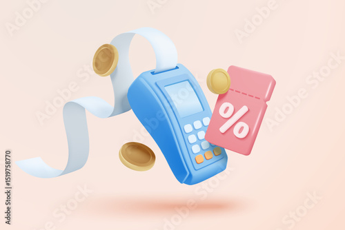 3D bill payment with credit card and financial for online shopping, payment credit card with alert notification. Invoice transaction with credit card reader. 3d receipt vector icon render illustration