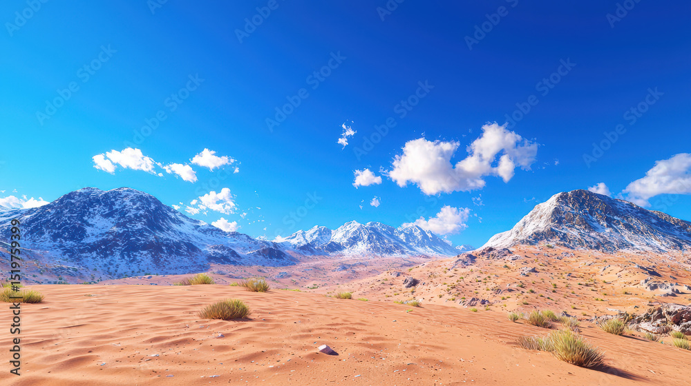 Naklejka premium Stunning landscape featuring vast desert with golden sand dunes, rocky mountains, and bright blue sky filled with fluffy