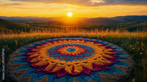 Vibrant mandala art in nature at sunset. Landscape with colorful mandala.