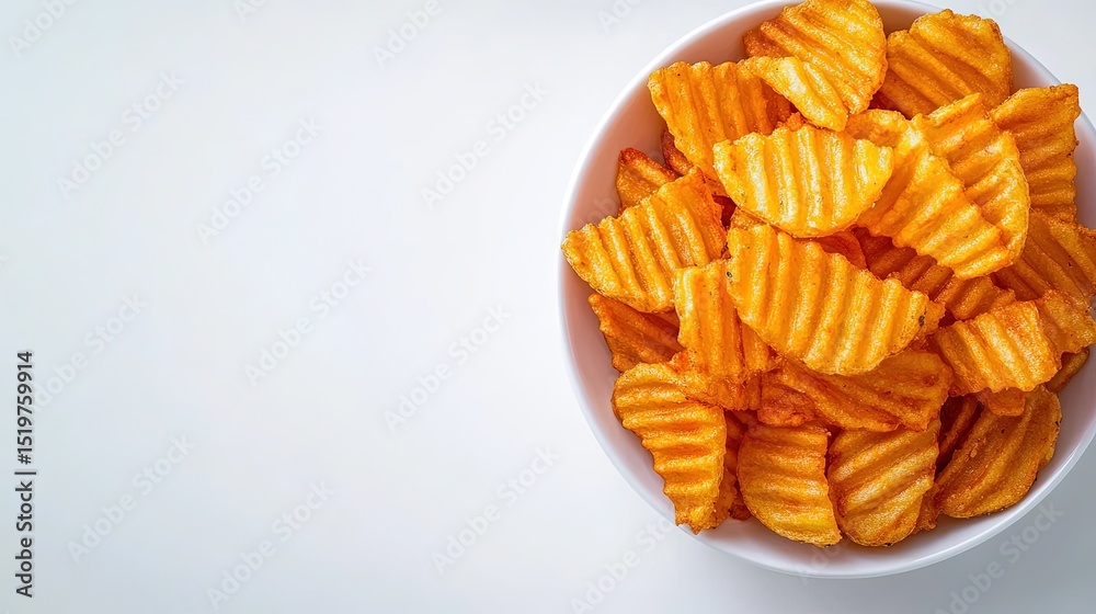 Fototapeta premium A plate of perfectly fried, crinkly fries placed on a pure white background, with ample room for branding or caption. 