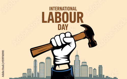 International labour day concept showing fist holding a hammer over city skyline