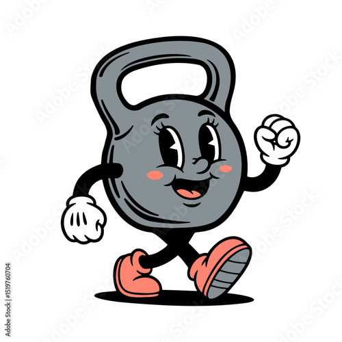 kettlebell retro walking mascot cartoon illustration