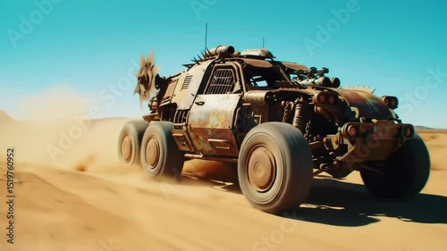 A powerful vehicle speeds across a sandy desert, kicking up dust and showcasing its rugged design. The bright blue sky and arid landscape highlight the intense action in this exhilarating setting