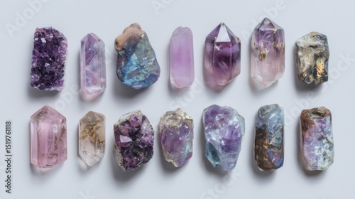 Collection of raw and semi-polished quartz and amethyst crystal chunks arranged in two rows on white background. Mixed mineral textures and natural colors from pink to deep violet. photo