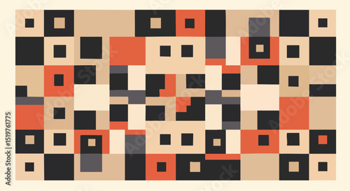 Abstract Geometric Beige, Black, and Red Square Pixel Art Composition Minimal Vector Illustration Modern Minimalist Digital Design