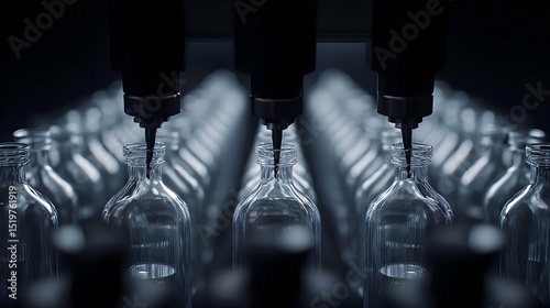 Automated Bottle Filling Line In Dark Industrial Setting
