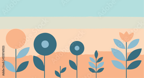 Abstract Floral Spring Garden Design Minimal Vector Illustration Pastel Peach, Teal, and Blue Flowers