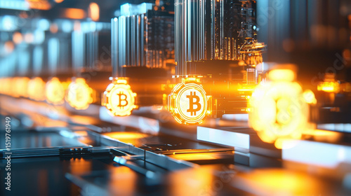 Detailed view of Bitcoin mining rig with glowing coins, showcasing advanced technology and vibrant colors