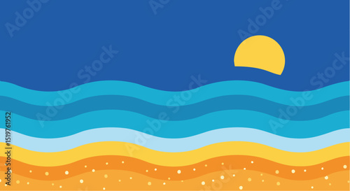 Serene Summer Sunset Minimal Vector Illustration Abstract Beach Wave Illustration with Yellow Sun and Blue Ocean