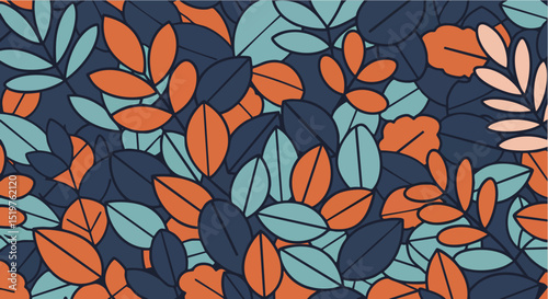 Abstract Autumnal Leaf Pattern Minimal Vector Illustration Teal, Orange, and Navy Blue Botanical Seamless Design for Textile, Wallpaper, and Fashion