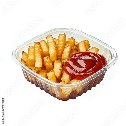 Golden French fries served in a basket with ketchup, isolated on a transparent background 