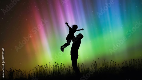 Silhouette of Father and Daughter Against a Vibrant Aurora Borealis