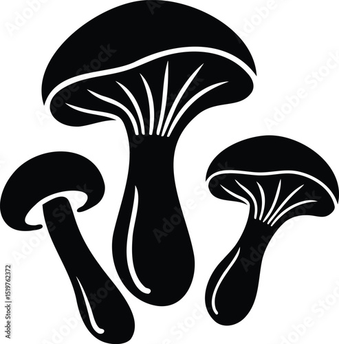 Stylized silhouette vector of three wild mushrooms with smooth caps and visible gills — perfect for forest, botanical, food, or fantasy themes 