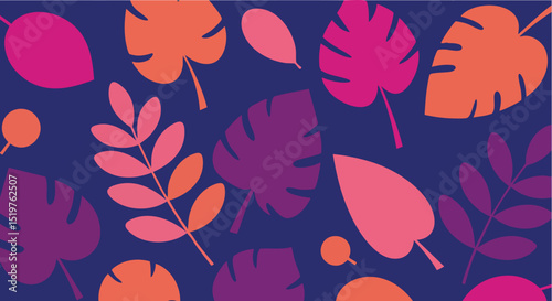 Vibrant Tropical Leaf Pattern Minimal Vector Illustration Abstract Pink, Purple, Orange & Coral Foliage Design