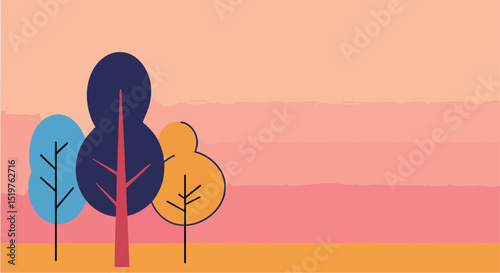 Abstract Minimalist Sunset Landscape with Three Stylized Trees in Blue, Orange, and Dark Purple Hues