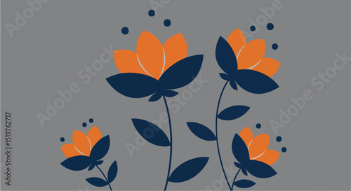 Abstract Floral Design Minimal Vector Illustration Elegant Orange and Navy Blue Stylized Flowers on Gray Background