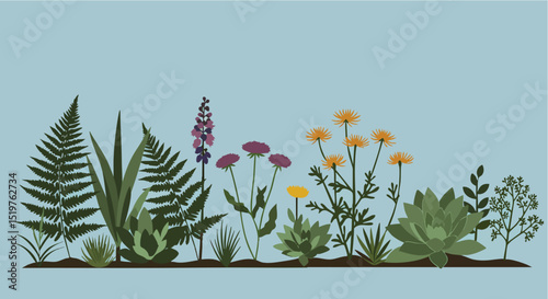 Vibrant Spring Meadow Botanical Illustration Minimal Vector Illustration Flat Lay Floral Design with Ferns, Succulents, and Wildflowers