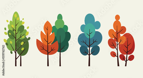 Four Abstract Stylized Trees in Spring, Summer, Autumn, and Winter Seasons Minimal Vector Illustration Colorful Vector Illustration