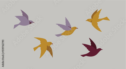 Five Abstract Birds in Flight Minimal Vector Illustration Mustard Yellow, Purple, Maroon, Minimalist Style, Graphic Design, Vector Illustration