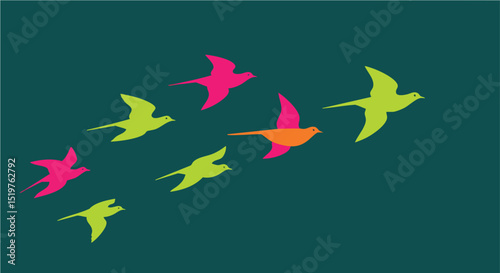 Abstract Colorful Birds in Flight Minimal Vector Illustration Teal Background, Minimalist Vector Illustration of Freedom, Nature, and Spring