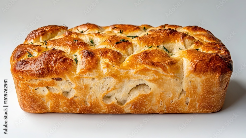 A whole focaccia loaf with a crispy top, placed on a plain white background, highlighting the texture and color of the bread. A whole focaccia loaf with a crispy top, placed on a plain white background, highlighting the texture and color of the bread.