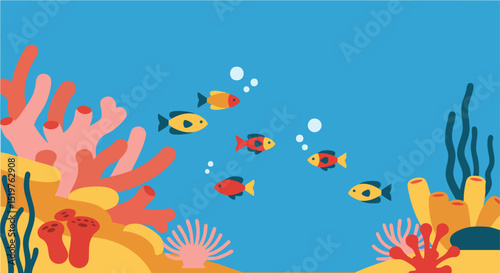 Vibrant Underwater Scene Minimal Vector Illustration Colorful Fish and Coral Reef Illustration