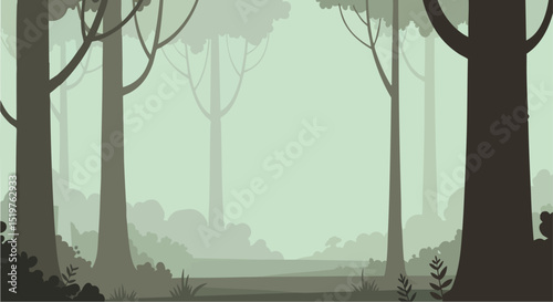 Serene Misty Forest Landscape Minimal Vector Illustration Silhouetted Trees, Tranquil Green Haze, Nature Background
