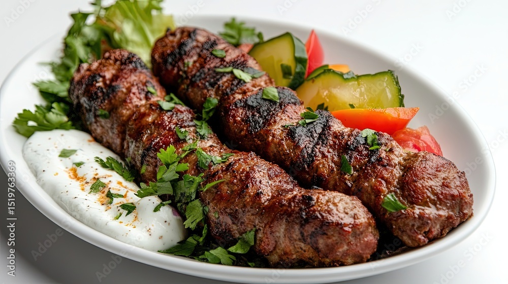 Adana kebab served with pickled vegetables and a drizzle of yogurt, presented on a white dish with a blank background. 