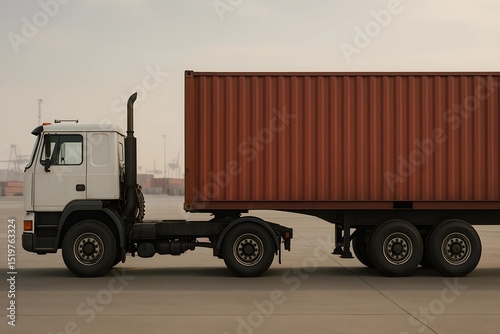 A container trailer parked in a logistics terminal, showing a red 40ft container and realistic lighting. photo