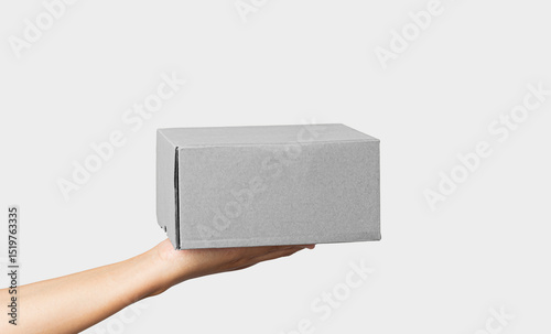 Woman hand hold the grey corrugated box on white background. Young woman hand holding small brown rectangular box on grey isolated background.