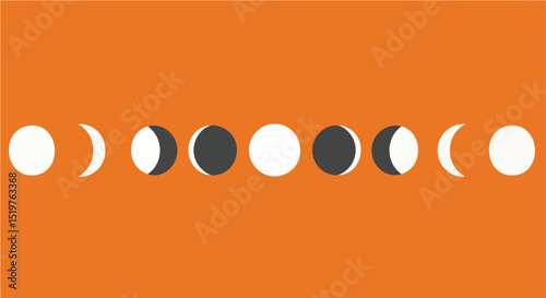 Minimalist Orange Background Lunar Phases Cycle Minimal Vector Illustration Eight Stages of the Moon, Celestial Design, Abstract Art Print