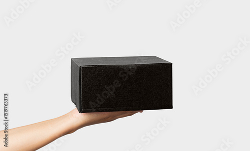 Woman hand hold the black corrugated box on white background. Young woman hand holding small brown rectangular box on white isolated background.