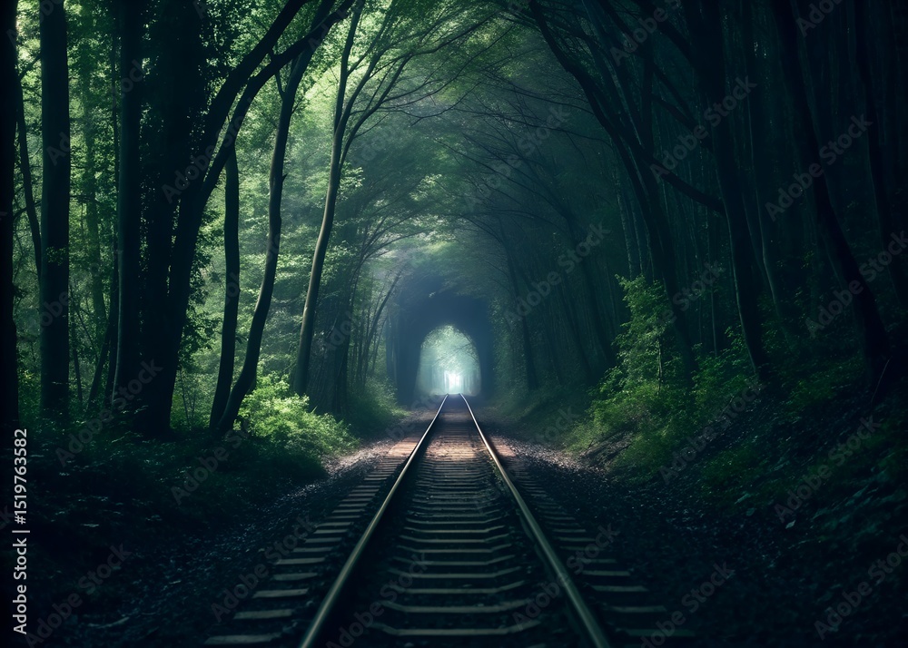 Fototapeta premium Enigmatic Forest Tunnel A Dark and Mysterious Railway Journey